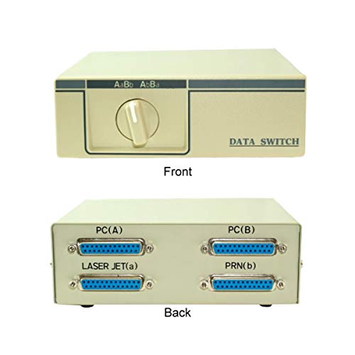 KENTEK IEEE-1284 DB25 2 Way Manual Data Switch Box Parallel D-Sub 25 Pin Female I/O AB Port for PC MAC to Peripherals Devices Laser Jet Printer Modem